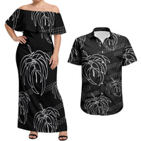 Aloha Hawaii Acacia Koa Leaves Couples Matching Off Shoulder Maxi Dress and Hawaiian Shirt Black Kakau Tribal Pattern LT05 Black - Polynesian Pride