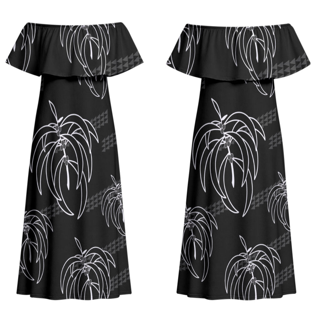 Aloha Hawaii Acacia Koa Leaves Couples Matching Off Shoulder Maxi Dress and Hawaiian Shirt Black Kakau Tribal Pattern LT05 - Polynesian Pride