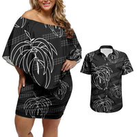 Aloha Hawaii Acacia Koa Leaves Couples Matching Off Shoulder Short Dress and Hawaiian Shirt Black Kakau Tribal Pattern LT05 Black - Polynesian Pride