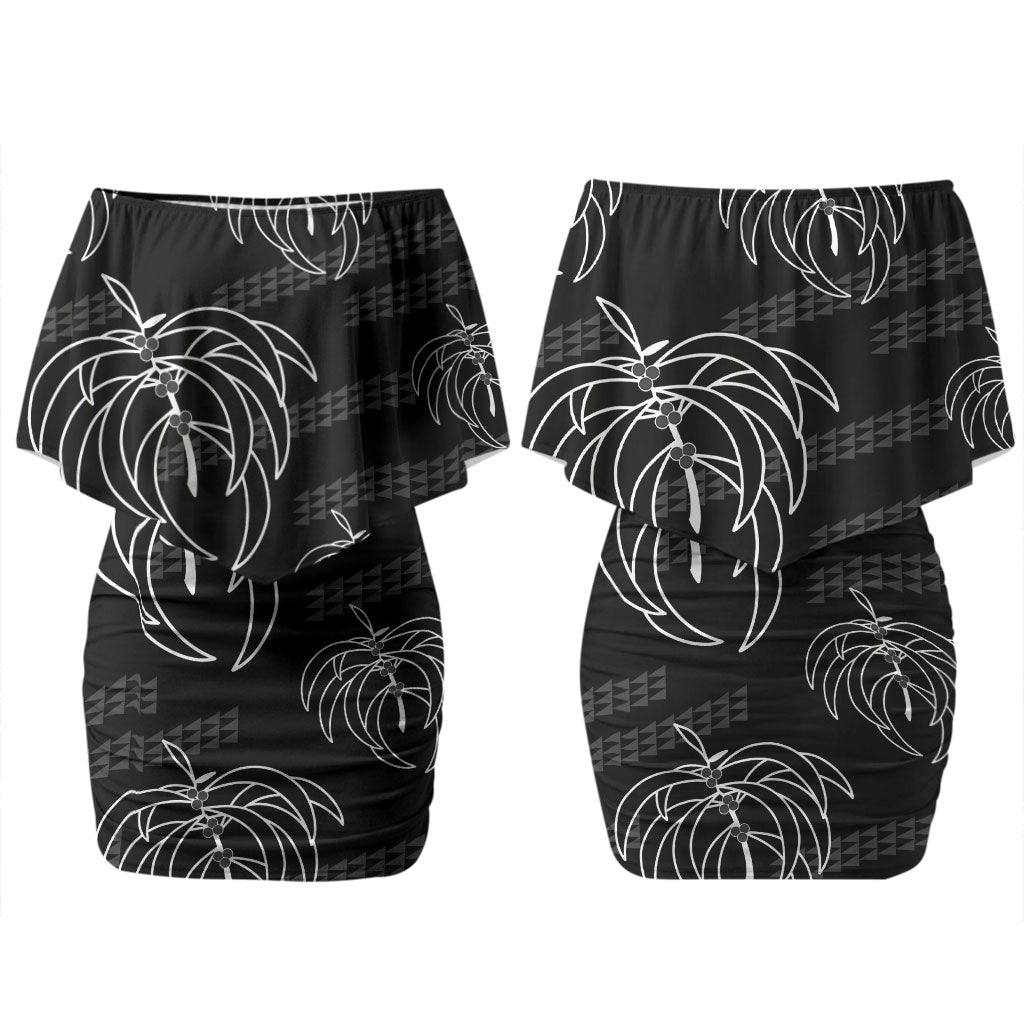 Aloha Hawaii Acacia Koa Leaves Couples Matching Off Shoulder Short Dress and Hawaiian Shirt Black Kakau Tribal Pattern LT05 - Polynesian Pride