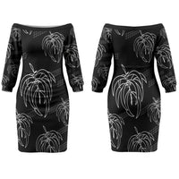 Aloha Hawaii Acacia Koa Leaves Couples Matching Off The Shoulder Long Sleeve Dress and Long Sleeve Button Shirt Black Kakau Tribal Pattern LT05 - Polynesian Pride