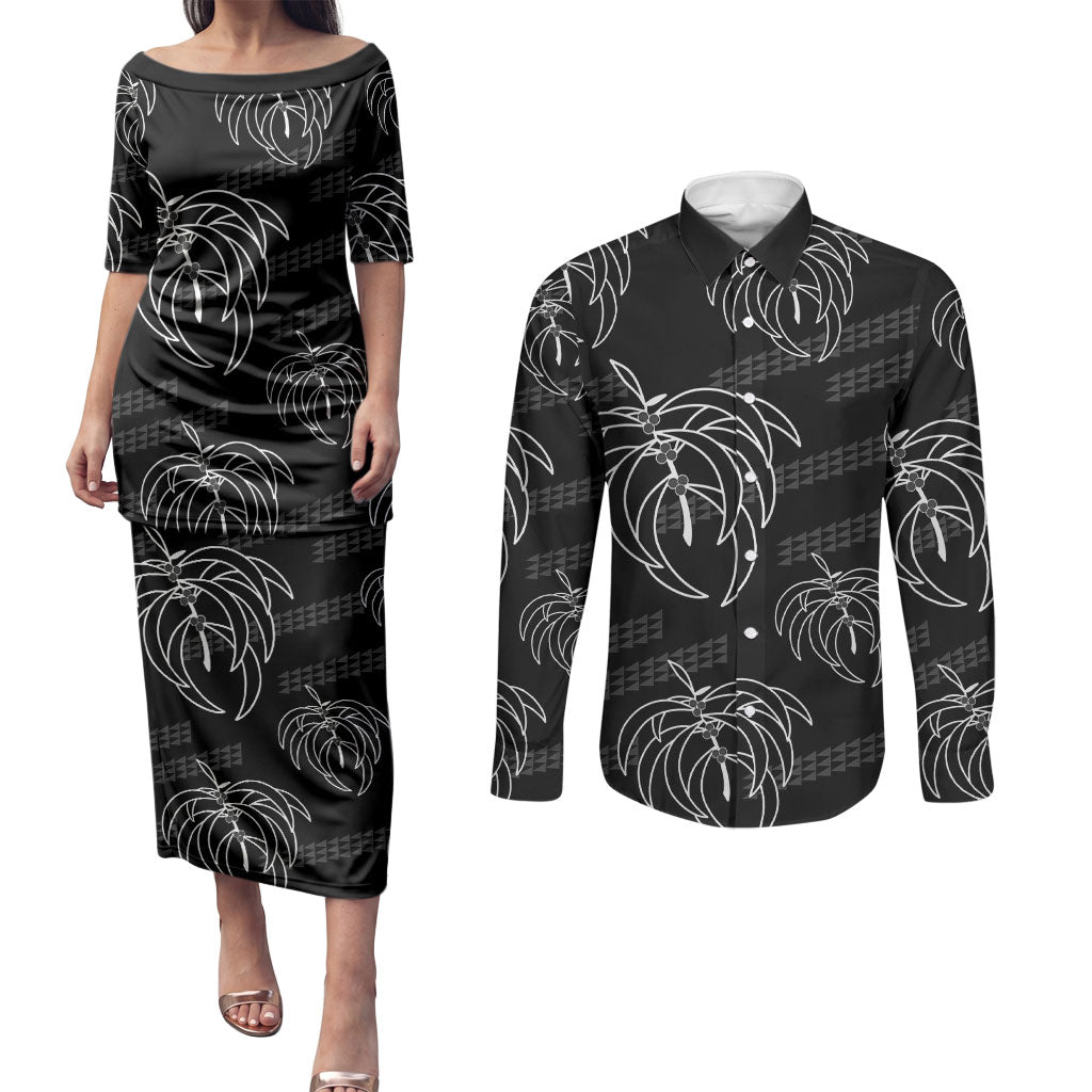 Aloha Hawaii Acacia Koa Leaves Couples Matching Puletasi and Long Sleeve Button Shirt Black Kakau Tribal Pattern