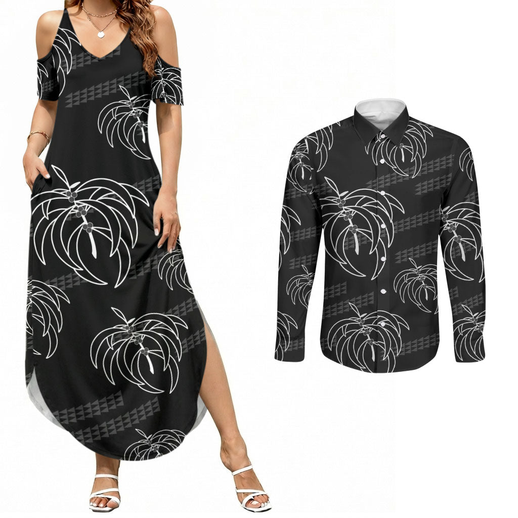 Aloha Hawaii Acacia Koa Leaves Couples Matching Summer Maxi Dress and Long Sleeve Button Shirt Black Kakau Tribal Pattern