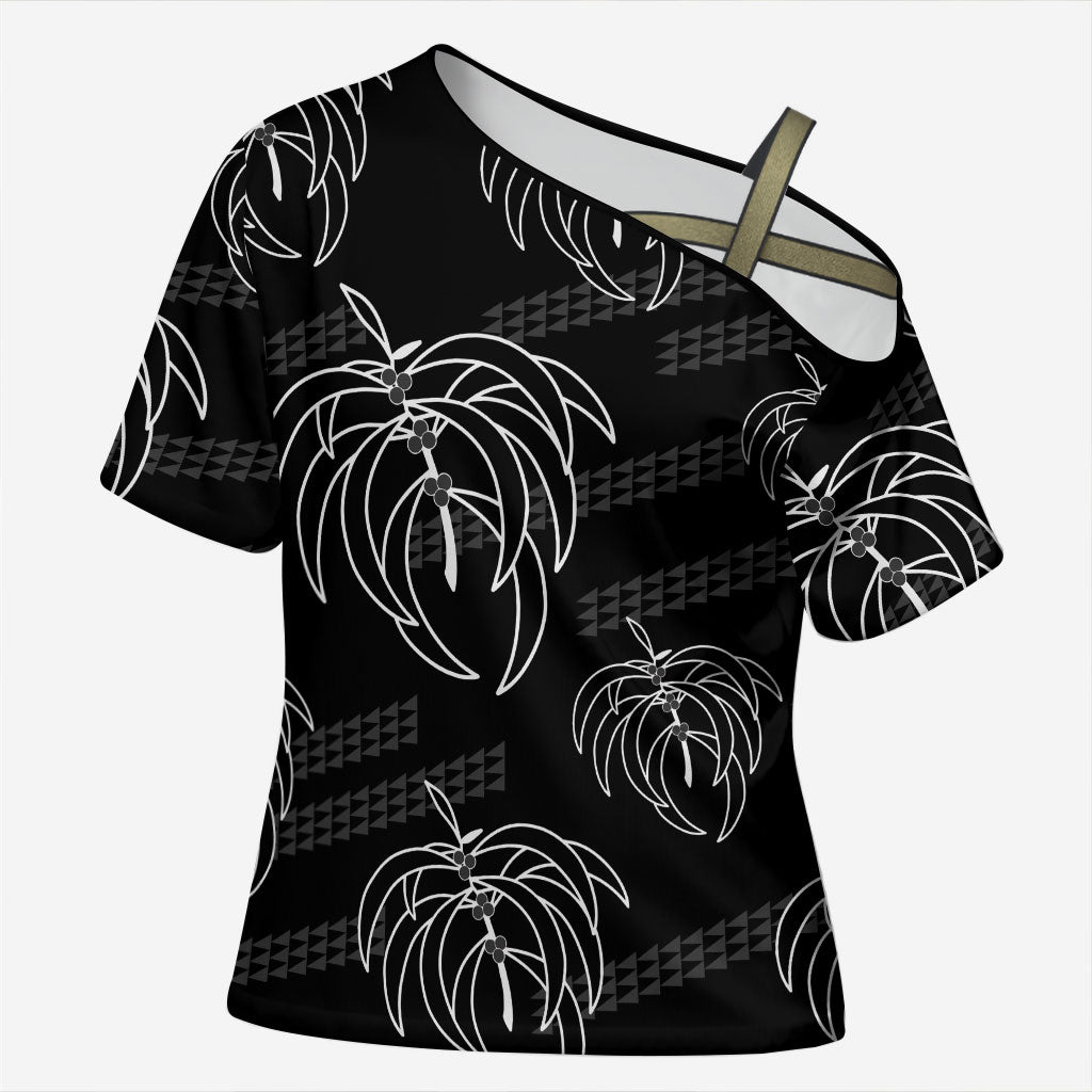 Aloha Hawaii Acacia Koa Leaves Cross Shoulder Shirt Black Kakau Tribal Pattern