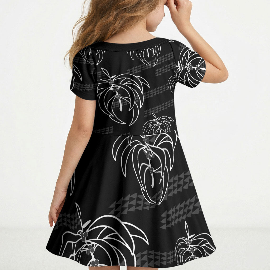 Aloha Hawaii Acacia Koa Leaves Kid Short Sleeve Dress Black Kakau Tribal Pattern LT05 - Polynesian Pride