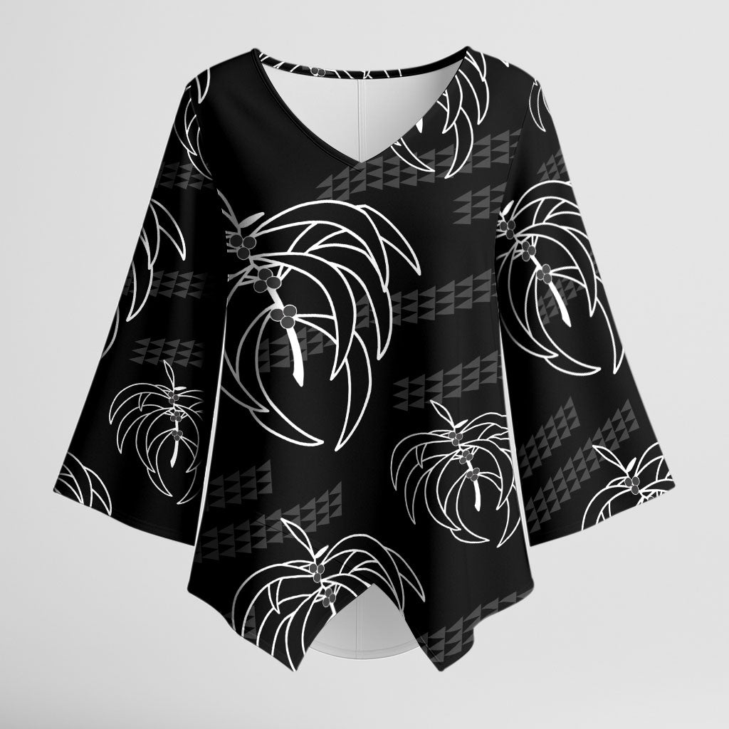 Aloha Hawaii Acacia Koa Leaves Kimono Sleeve Blouse Black Kakau Tribal Pattern