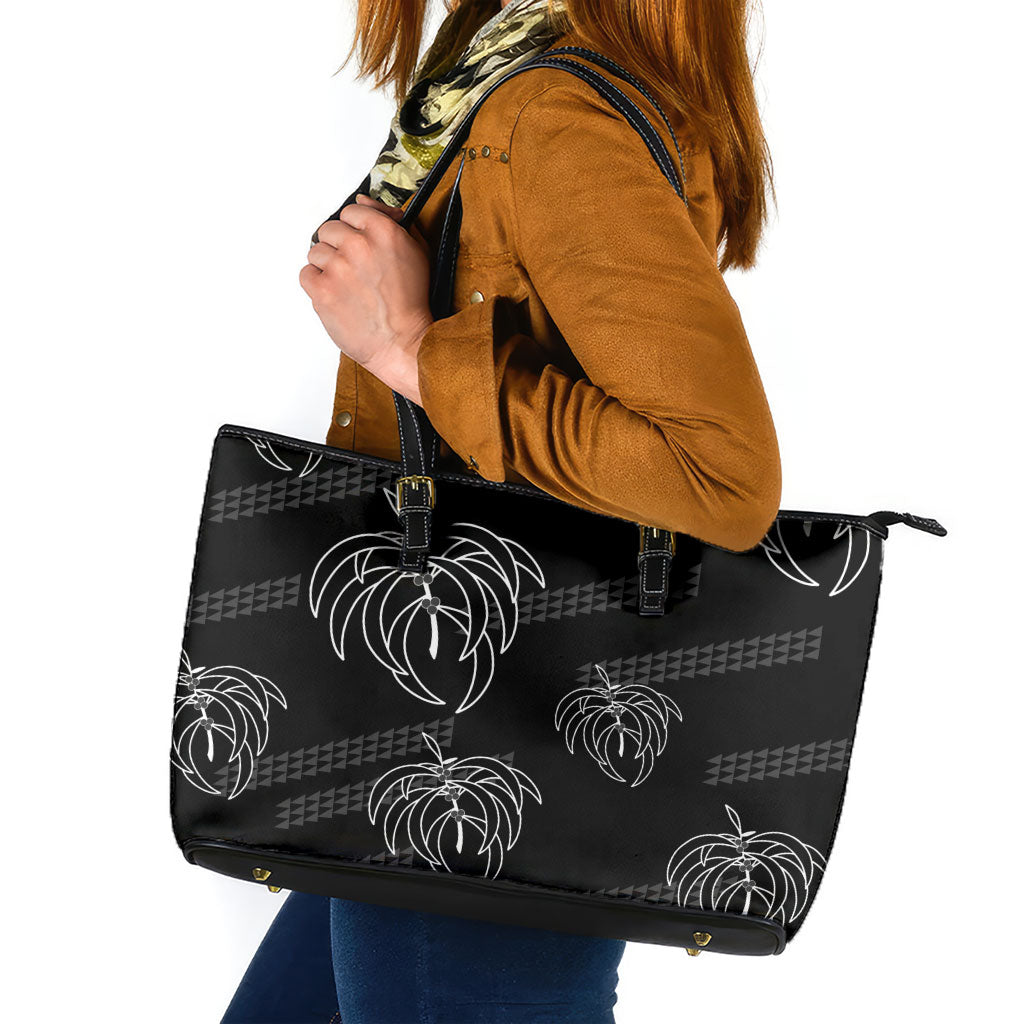Aloha Hawaii Acacia Koa Leaves Leather Tote Bag Black Kakau Tribal Pattern