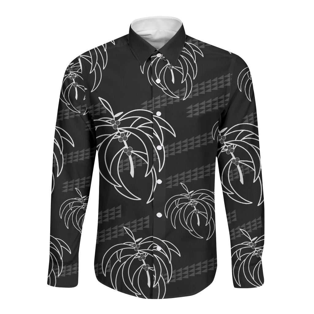 Aloha Hawaii Acacia Koa Leaves Long Sleeve Button Shirt Black Kakau Tribal Pattern