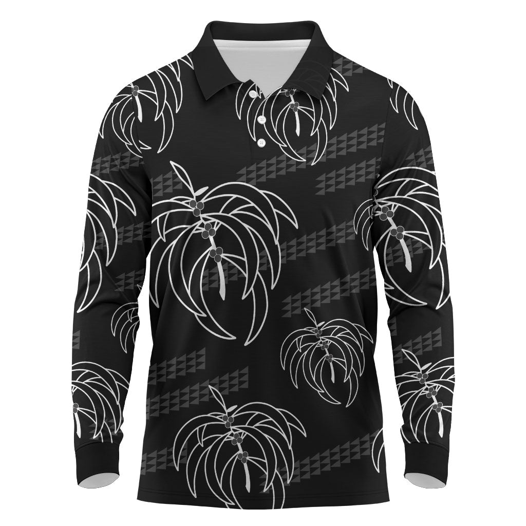 Aloha Hawaii Acacia Koa Leaves Long Sleeve Polo Shirt Black Kakau Tribal Pattern