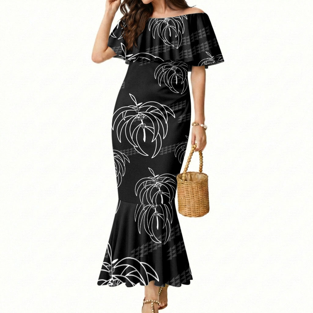 Aloha Hawaii Acacia Koa Leaves Mermaid Dress Black Kakau Tribal Pattern