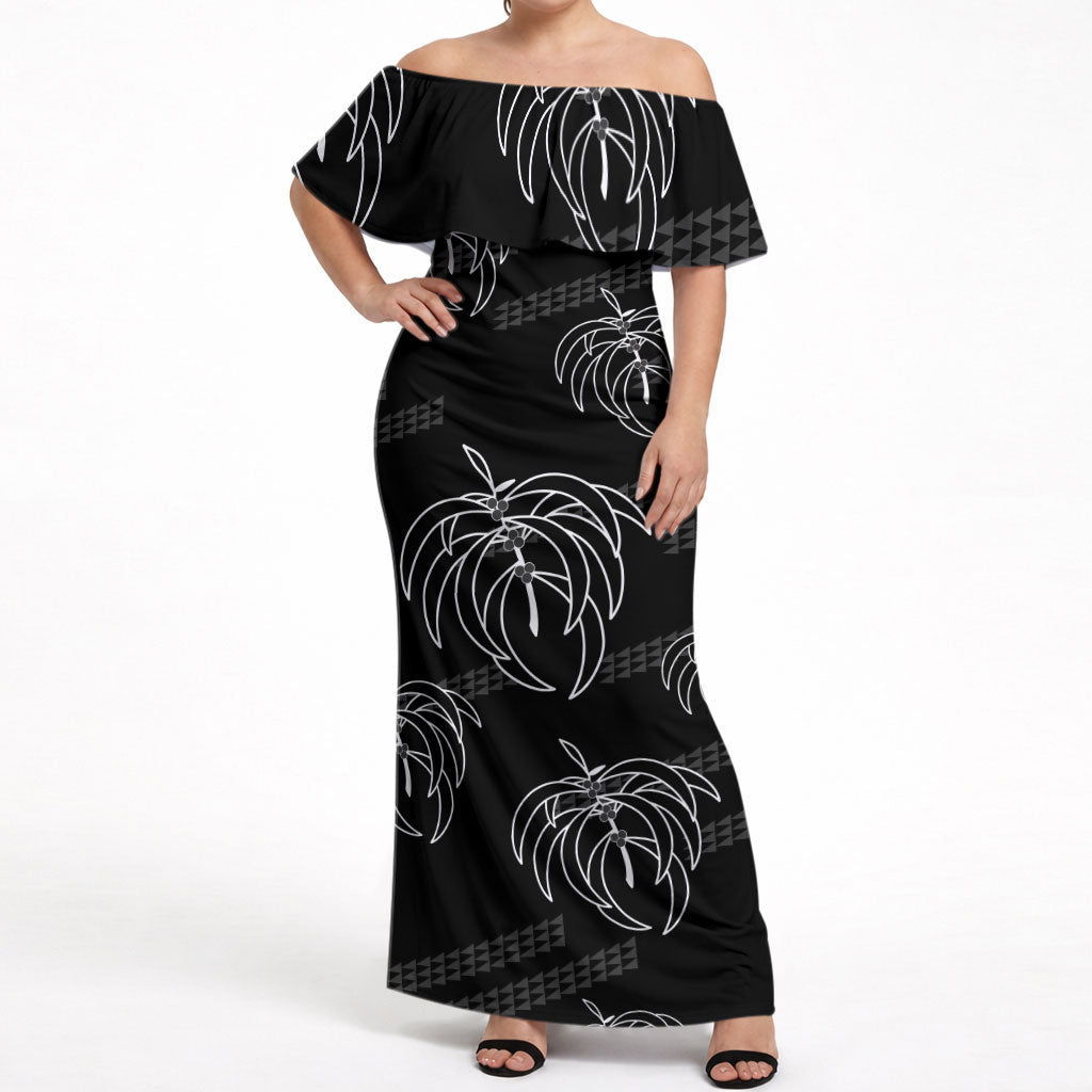 Aloha Hawaii Acacia Koa Leaves Off Shoulder Maxi Dress Black Kakau Tribal Pattern