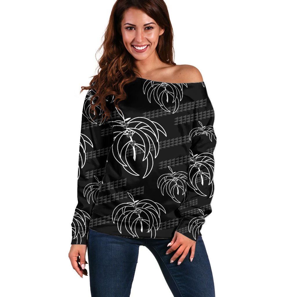 Aloha Hawaii Acacia Koa Leaves Off Shoulder Sweater Black Kakau Tribal Pattern
