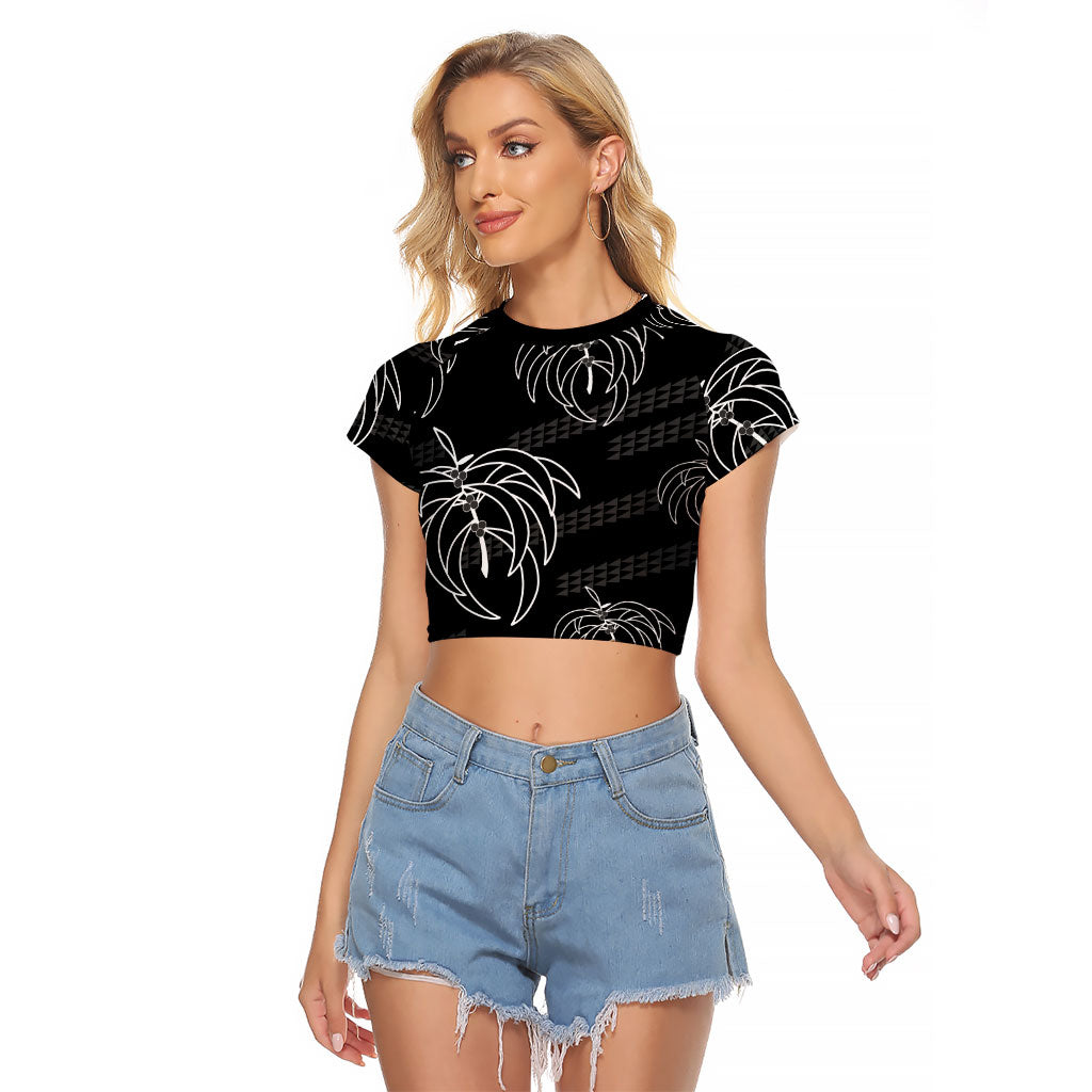 Aloha Hawaii Acacia Koa Leaves Raglan Cropped T Shirt Black Kakau Tribal Pattern