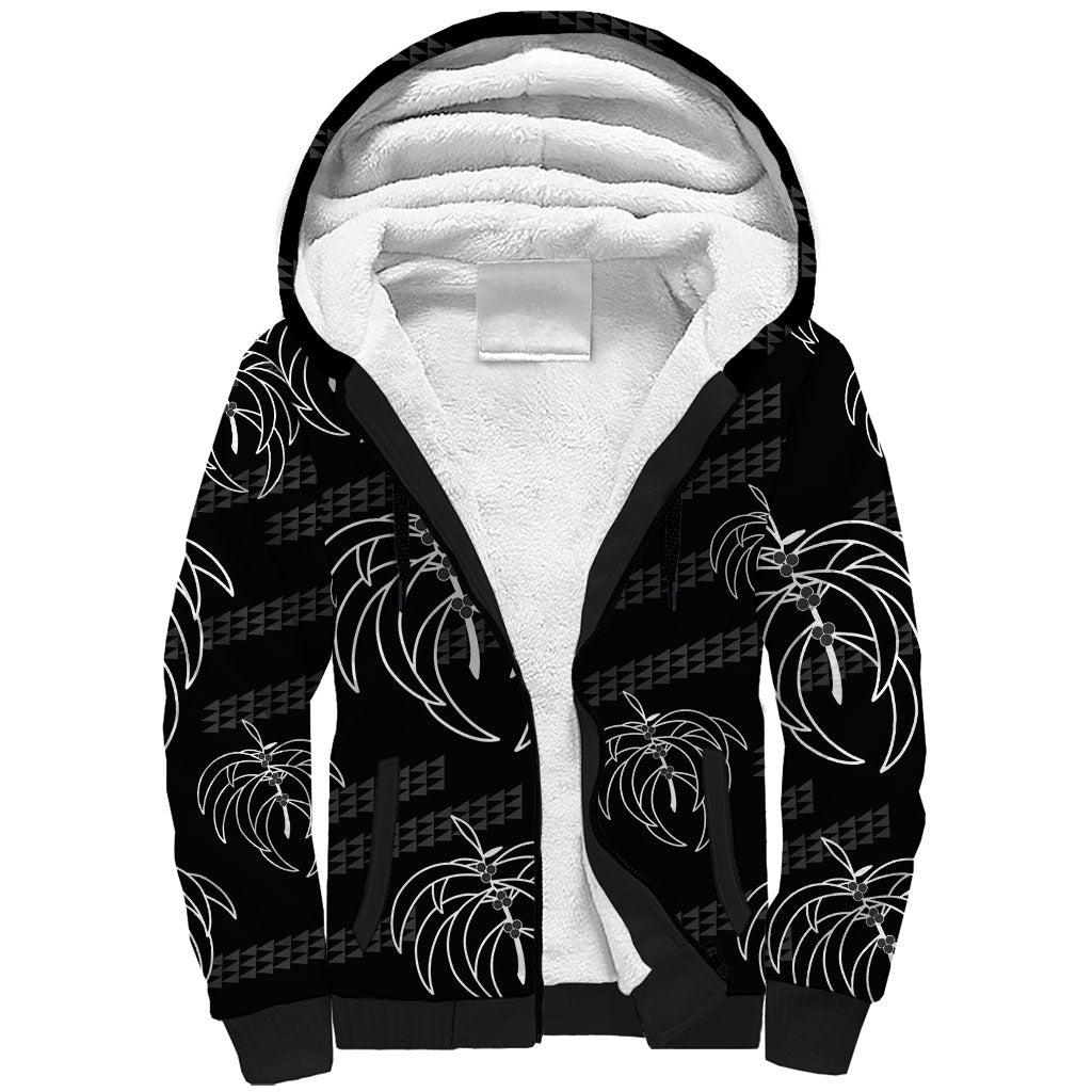 Aloha Hawaii Acacia Koa Leaves Sherpa Hoodie Black Kakau Tribal Pattern