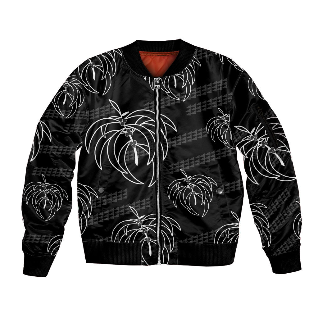 Aloha Hawaii Acacia Koa Leaves Sleeve Zip Bomber Jacket Black Kakau Tribal Pattern