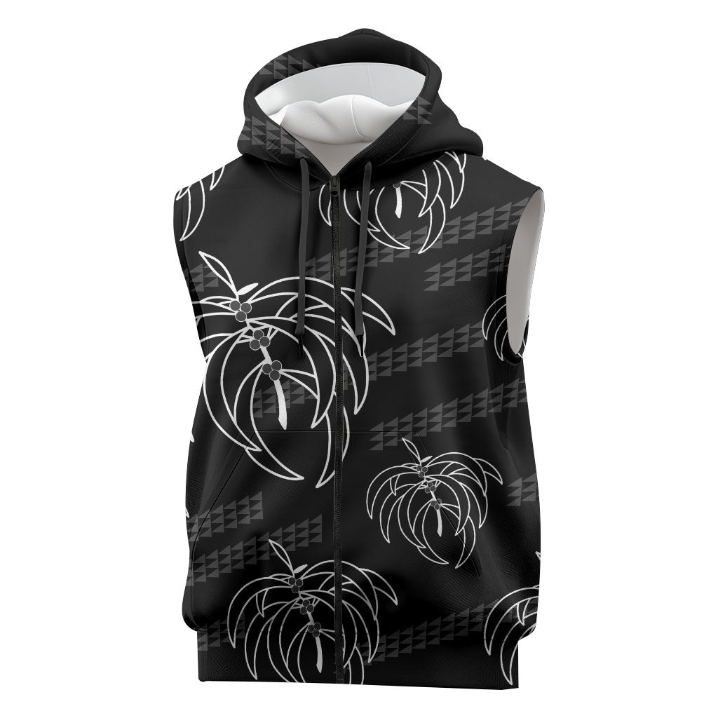 Aloha Hawaii Acacia Koa Leaves Sleeveless Zip Hoodie Black Kakau Tribal Pattern