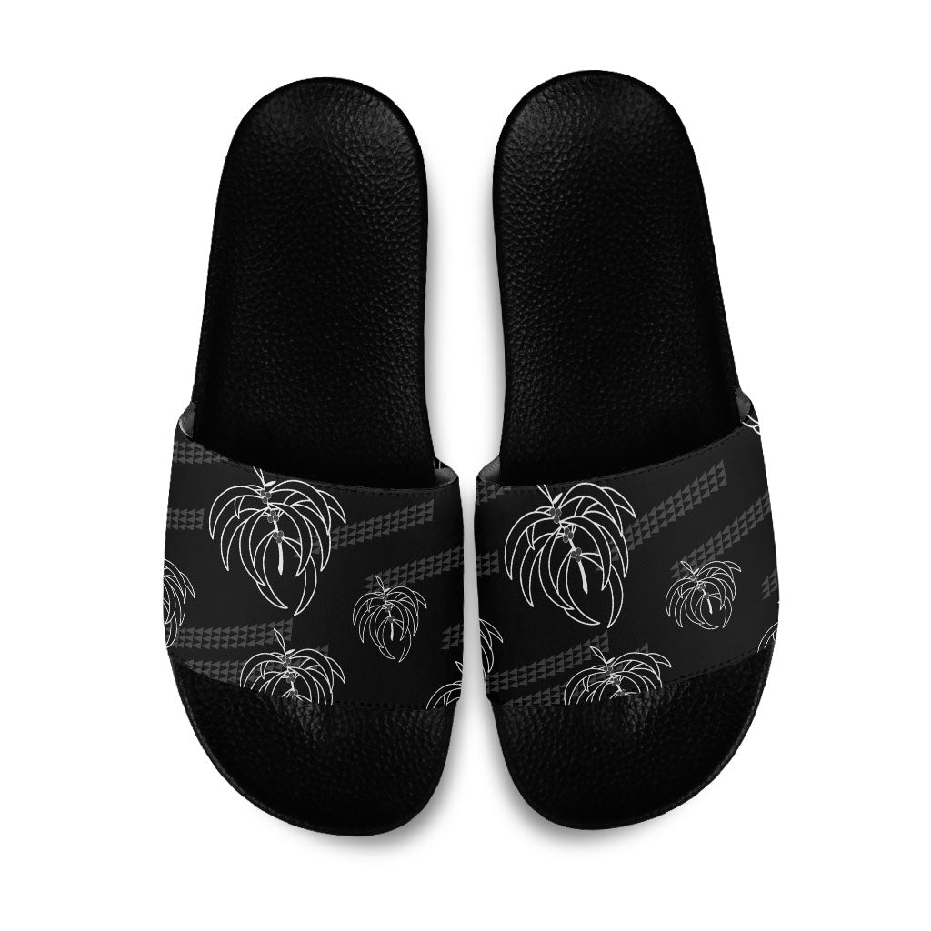 Aloha Hawaii Acacia Koa Leaves Slide Sandals Black Kakau Tribal Pattern
