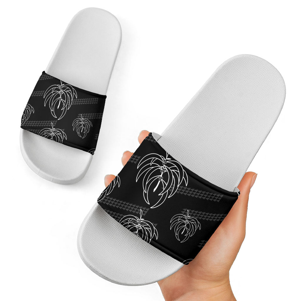 Aloha Hawaii Acacia Koa Leaves Slide Sandals Black Kakau Tribal Pattern LT05 - Polynesian Pride