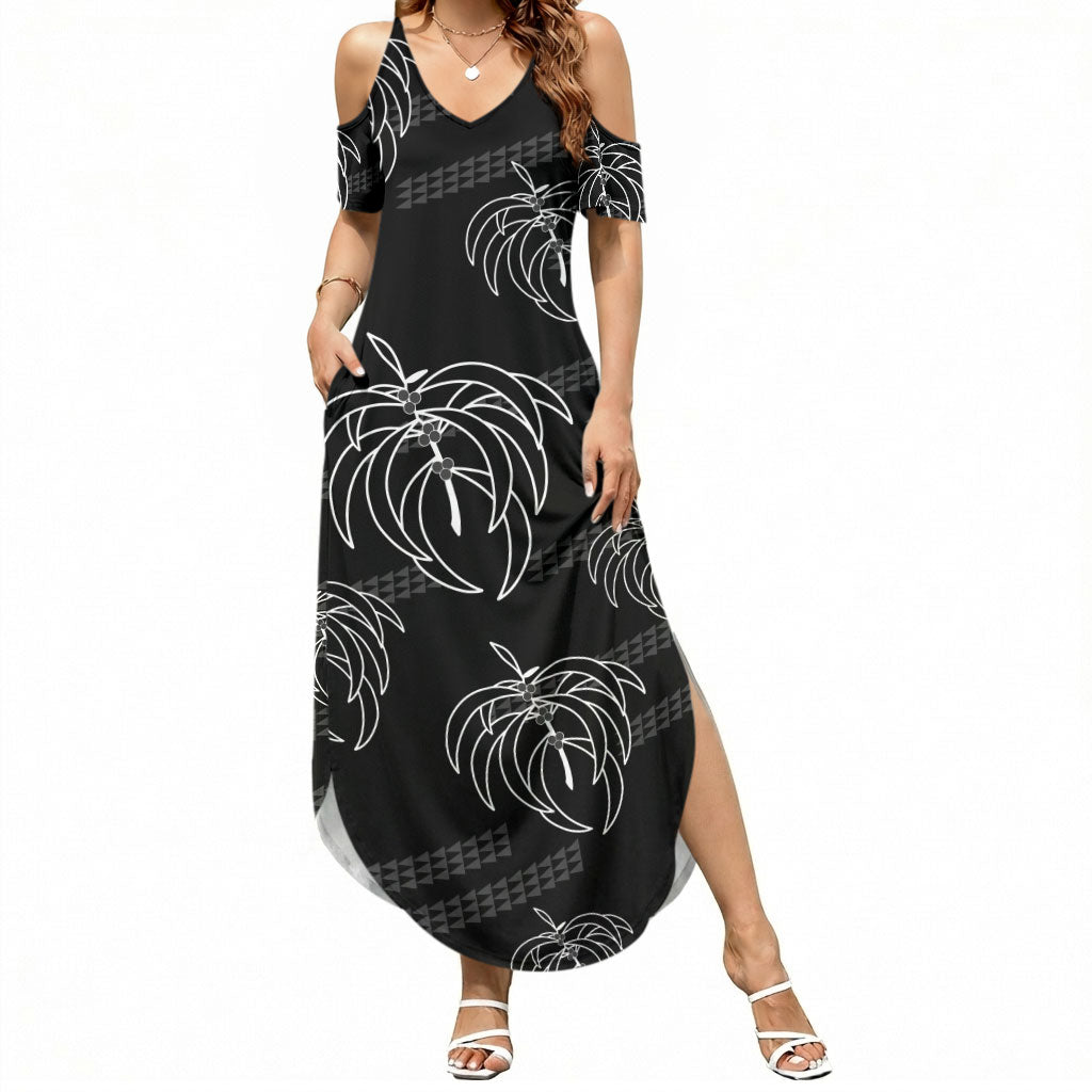 Aloha Hawaii Acacia Koa Leaves Summer Maxi Dress Black Kakau Tribal Pattern