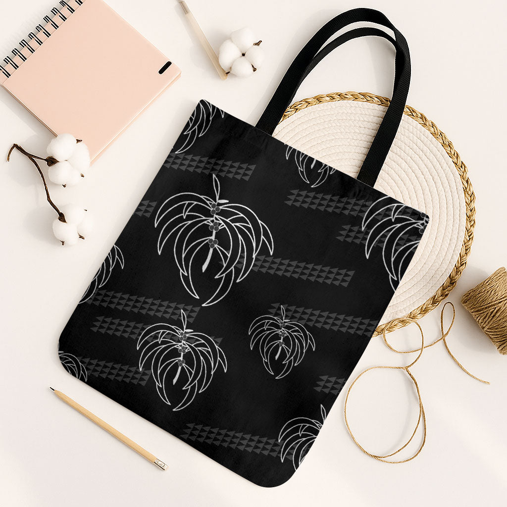 Aloha Hawaii Acacia Koa Leaves Tote Bag Black Kakau Tribal Pattern LT05 Black Strap One Size Black - Polynesian Pride
