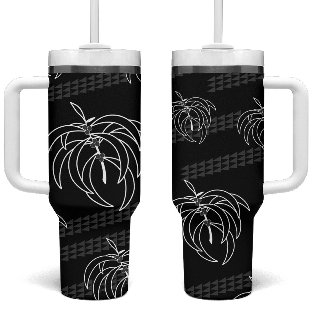 Aloha Hawaii Acacia Koa Leaves Tumbler With Handle Black Kakau Tribal Pattern