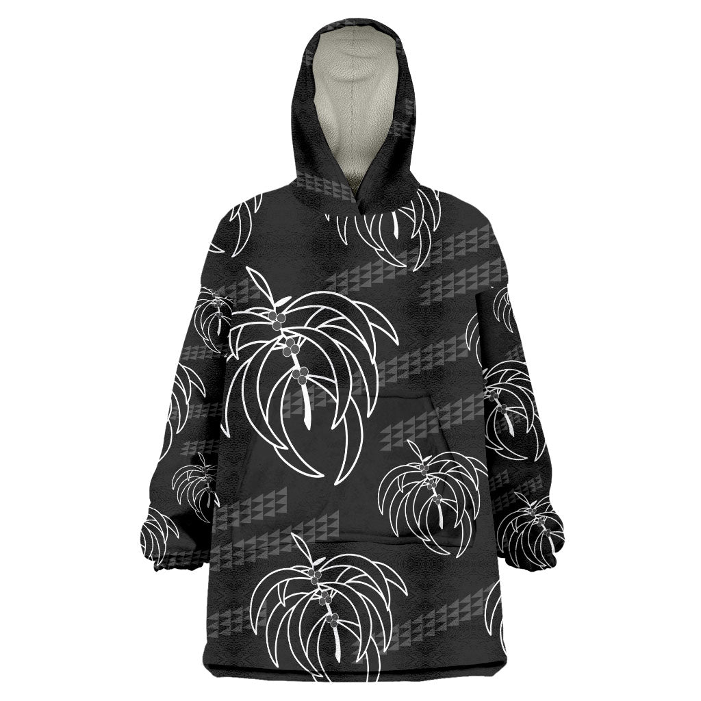 Aloha Hawaii Acacia Koa Leaves Wearable Blanket Hoodie Black Kakau Tribal Pattern