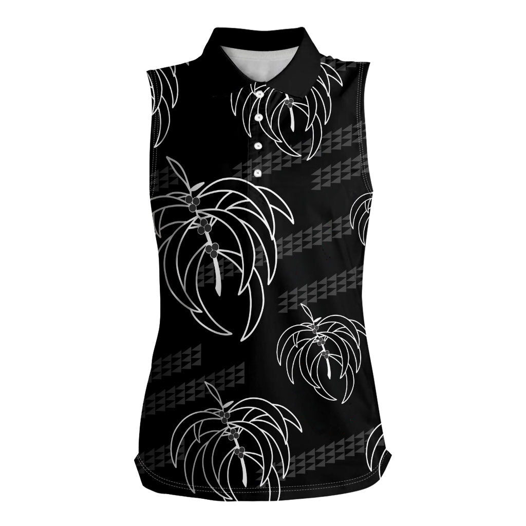 Aloha Hawaii Acacia Koa Leaves Women Sleeveless Polo Shirt Black Kakau Tribal Pattern