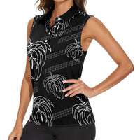 Aloha Hawaii Acacia Koa Leaves Women Sleeveless Polo Shirt Black Kakau Tribal Pattern LT05 - Polynesian Pride