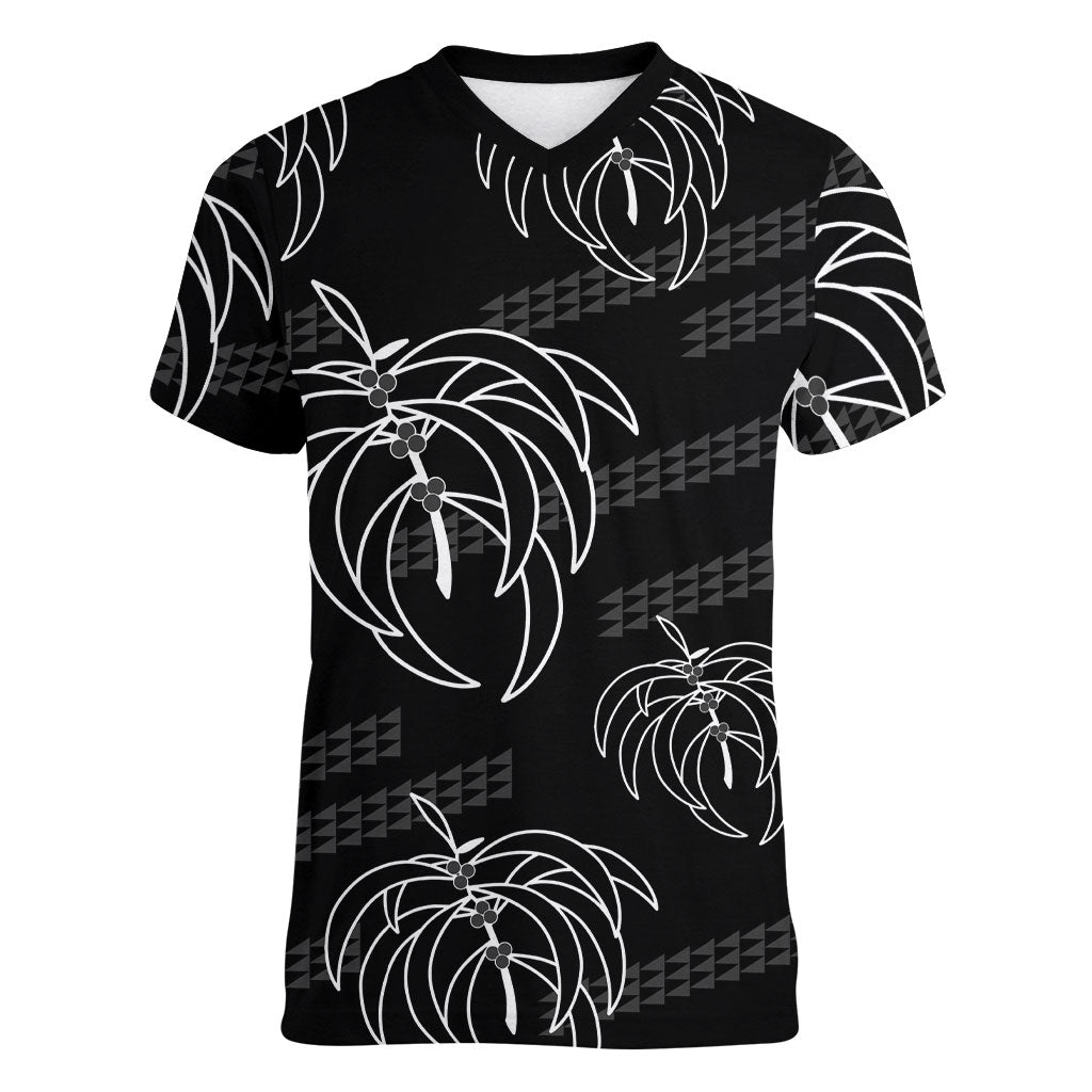 Aloha Hawaii Acacia Koa Leaves Women V-Neck T-Shirt Black Kakau Tribal Pattern