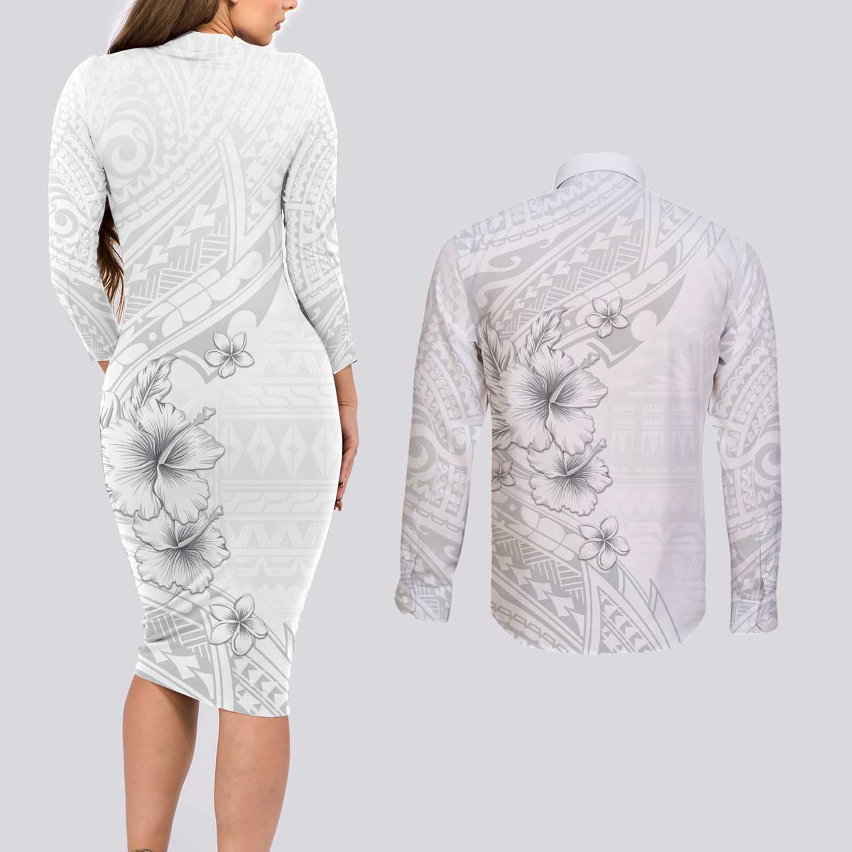 Lotu Tamaiti Samoa Couples Matching Long Sleeve Bodycon Dress and Long Sleeve Button Shirt White Sunday Polynesian Tribal Pattern Elegant Style LT05 - Polynesian Pride