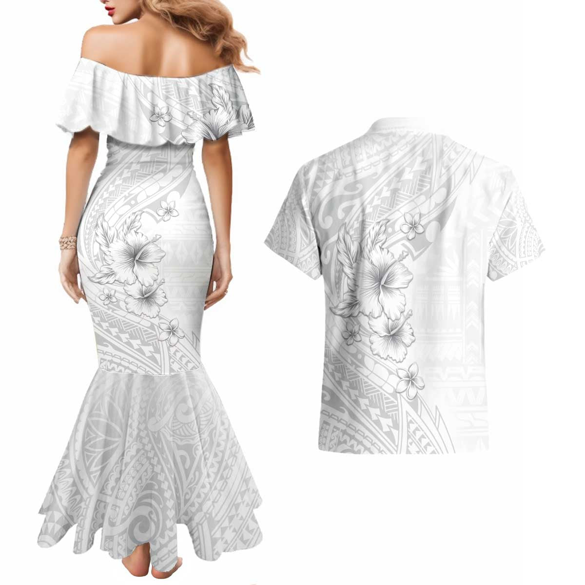 Lotu Tamaiti Samoa Couples Matching Mermaid Dress and Hawaiian Shirt White Sunday Polynesian Tribal Pattern Elegant Style LT05 - Polynesian Pride