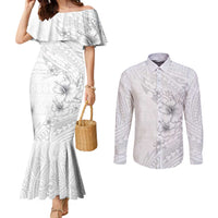 Lotu Tamaiti Samoa Couples Matching Mermaid Dress and Long Sleeve Button Shirt White Sunday Polynesian Tribal Pattern Elegant Style LT05 White - Polynesian Pride