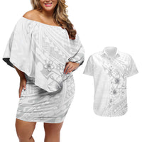 Lotu Tamaiti Samoa Couples Matching Off Shoulder Short Dress and Hawaiian Shirt White Sunday Polynesian Tribal Pattern Elegant Style LT05 White - Polynesian Pride