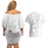 Lotu Tamaiti Samoa Couples Matching Off Shoulder Short Dress and Hawaiian Shirt White Sunday Polynesian Tribal Pattern Elegant Style LT05 - Polynesian Pride