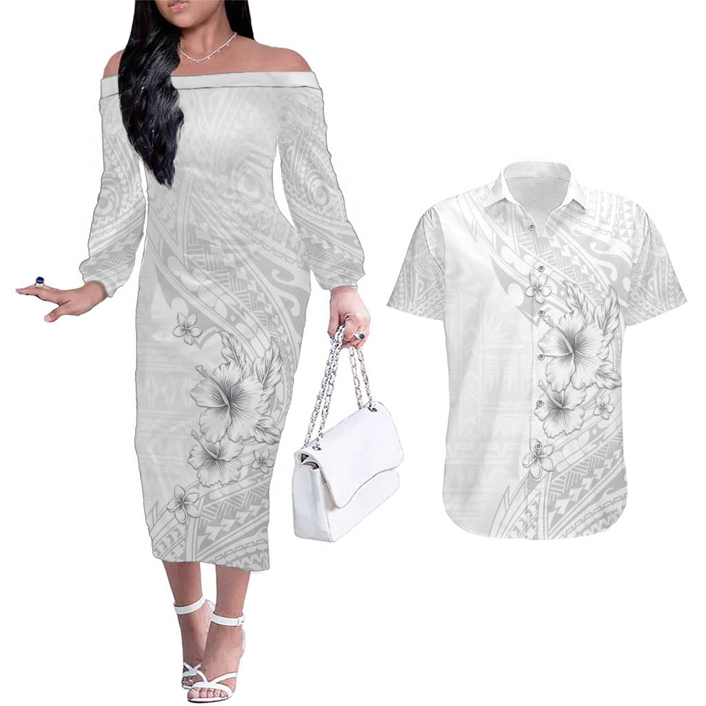 Lotu Tamaiti Samoa Couples Matching Off The Shoulder Long Sleeve Dress and Hawaiian Shirt White Sunday Polynesian Tribal Pattern Elegant Style LT05 White - Polynesian Pride