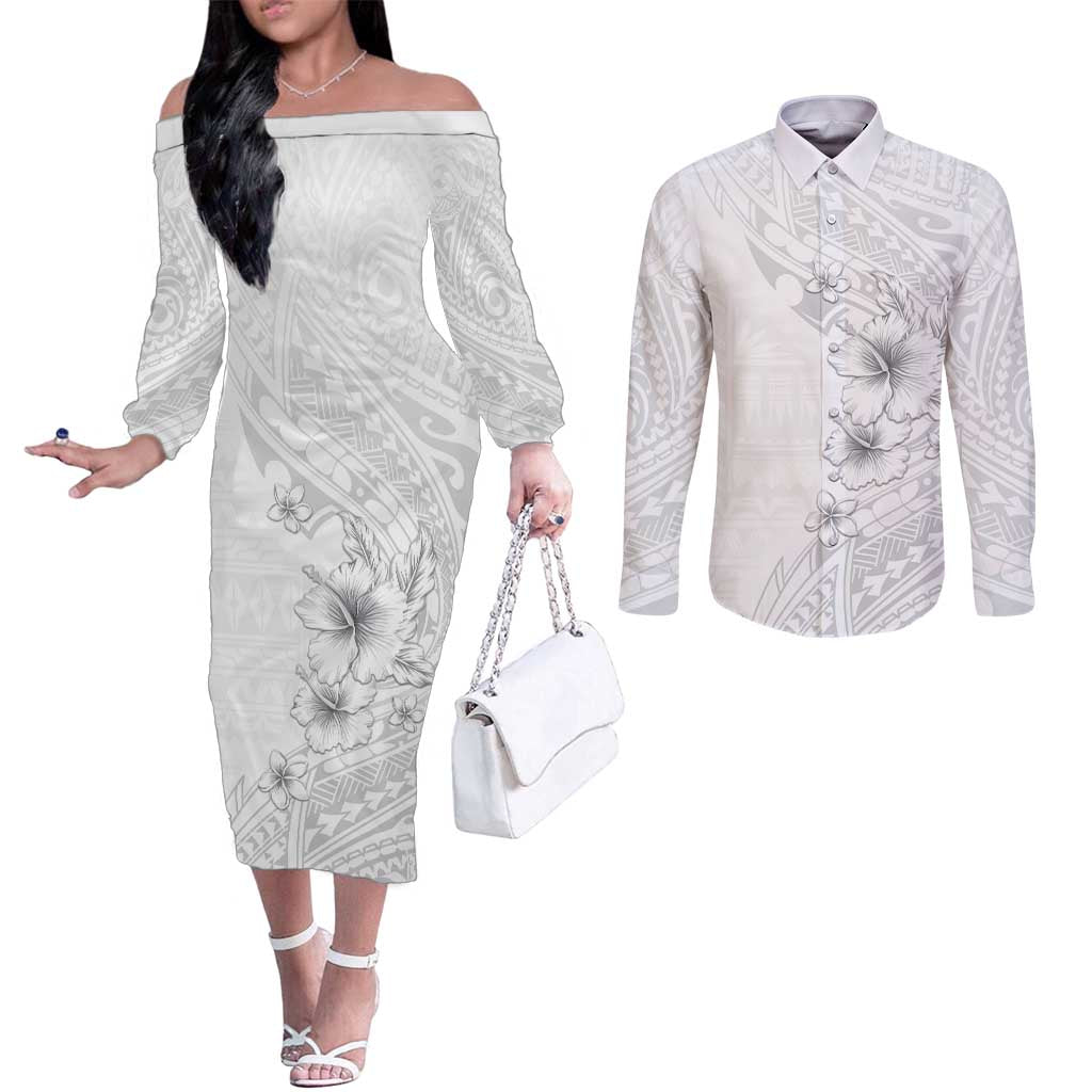 Lotu Tamaiti Samoa Couples Matching Off The Shoulder Long Sleeve Dress and Long Sleeve Button Shirt White Sunday Polynesian Tribal Pattern Elegant Style LT05 White - Polynesian Pride
