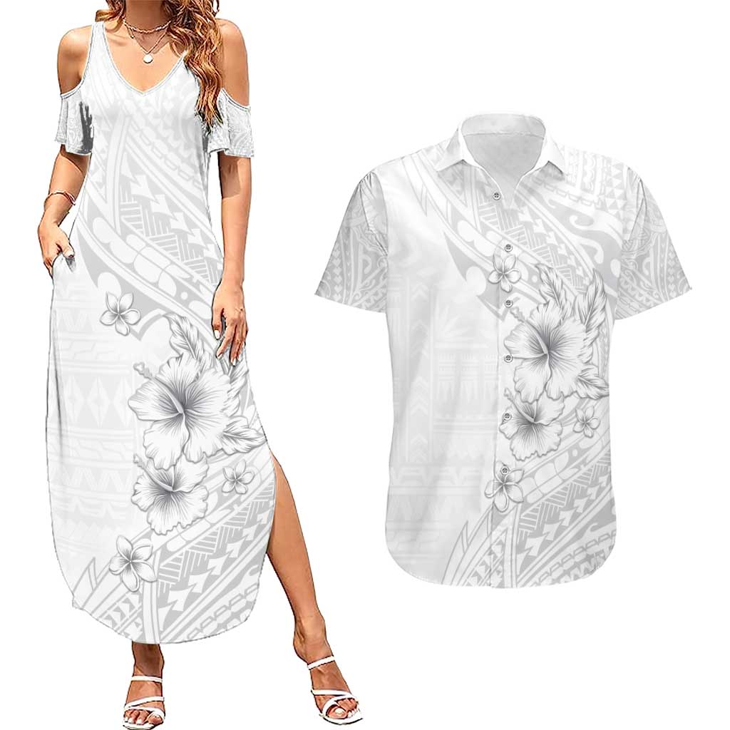 Lotu Tamaiti Samoa Couples Matching Summer Maxi Dress and Hawaiian Shirt White Sunday Polynesian Tribal Pattern Elegant Style LT05 White - Polynesian Pride