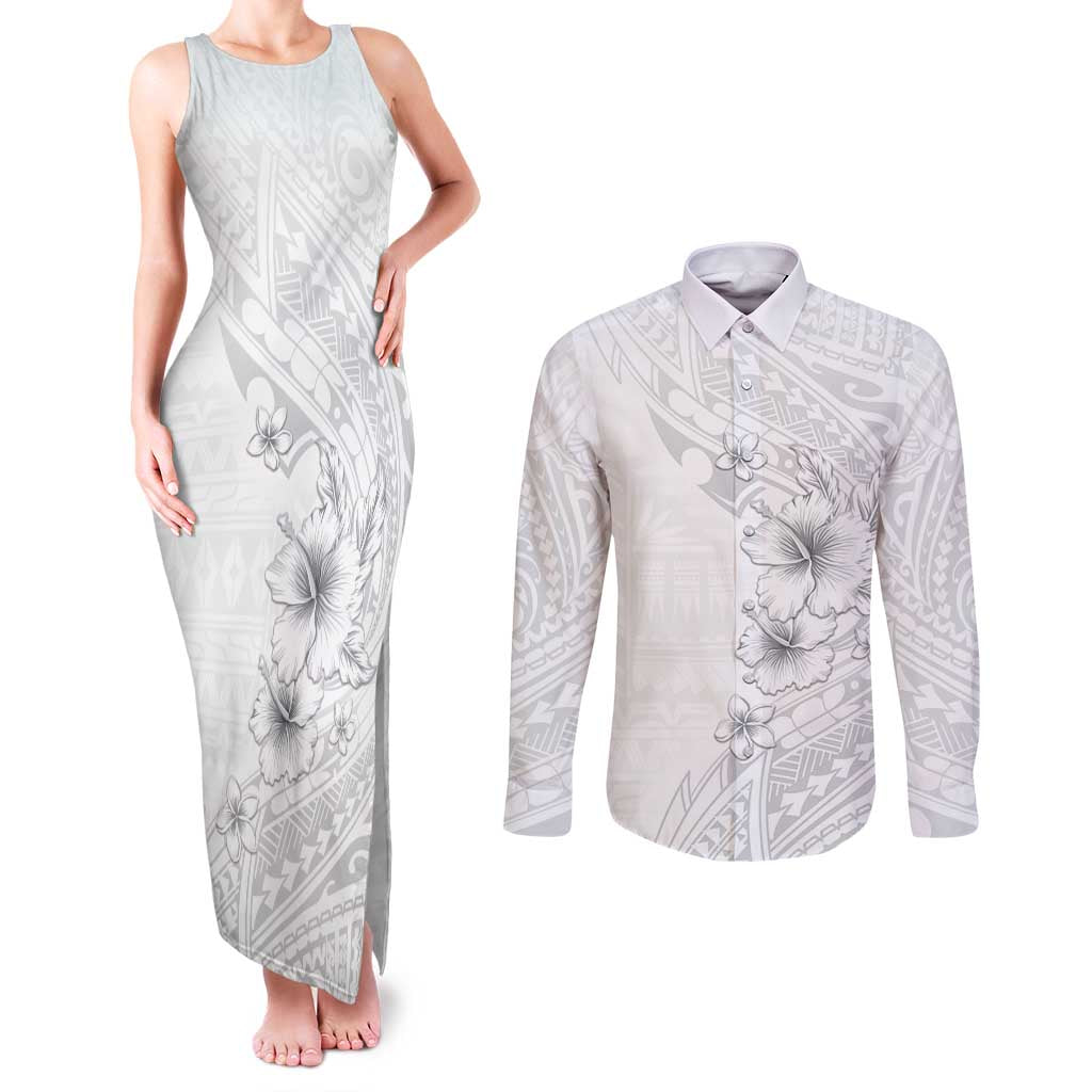 Lotu Tamaiti Samoa Couples Matching Tank Maxi Dress and Long Sleeve Button Shirt White Sunday Polynesian Tribal Pattern Elegant Style LT05 White - Polynesian Pride