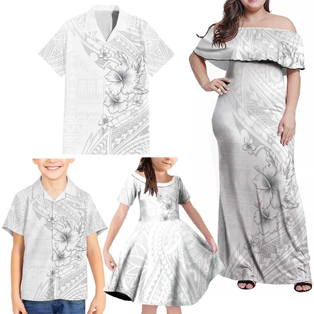 Lotu Tamaiti Samoa Family Matching Off Shoulder Maxi Dress and Hawaiian Shirt White Sunday Polynesian Tribal Pattern Elegant Style LT05 - Polynesian Pride