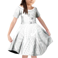 Lotu Tamaiti Samoa Family Matching Off Shoulder Short Dress and Hawaiian Shirt White Sunday Polynesian Tribal Pattern Elegant Style LT05 Daughter's Dress White - Polynesian Pride