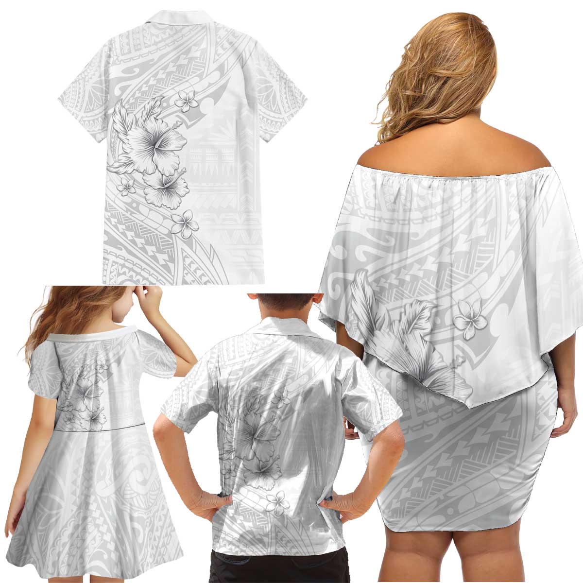 Lotu Tamaiti Samoa Family Matching Off Shoulder Short Dress and Hawaiian Shirt White Sunday Polynesian Tribal Pattern Elegant Style LT05 - Polynesian Pride