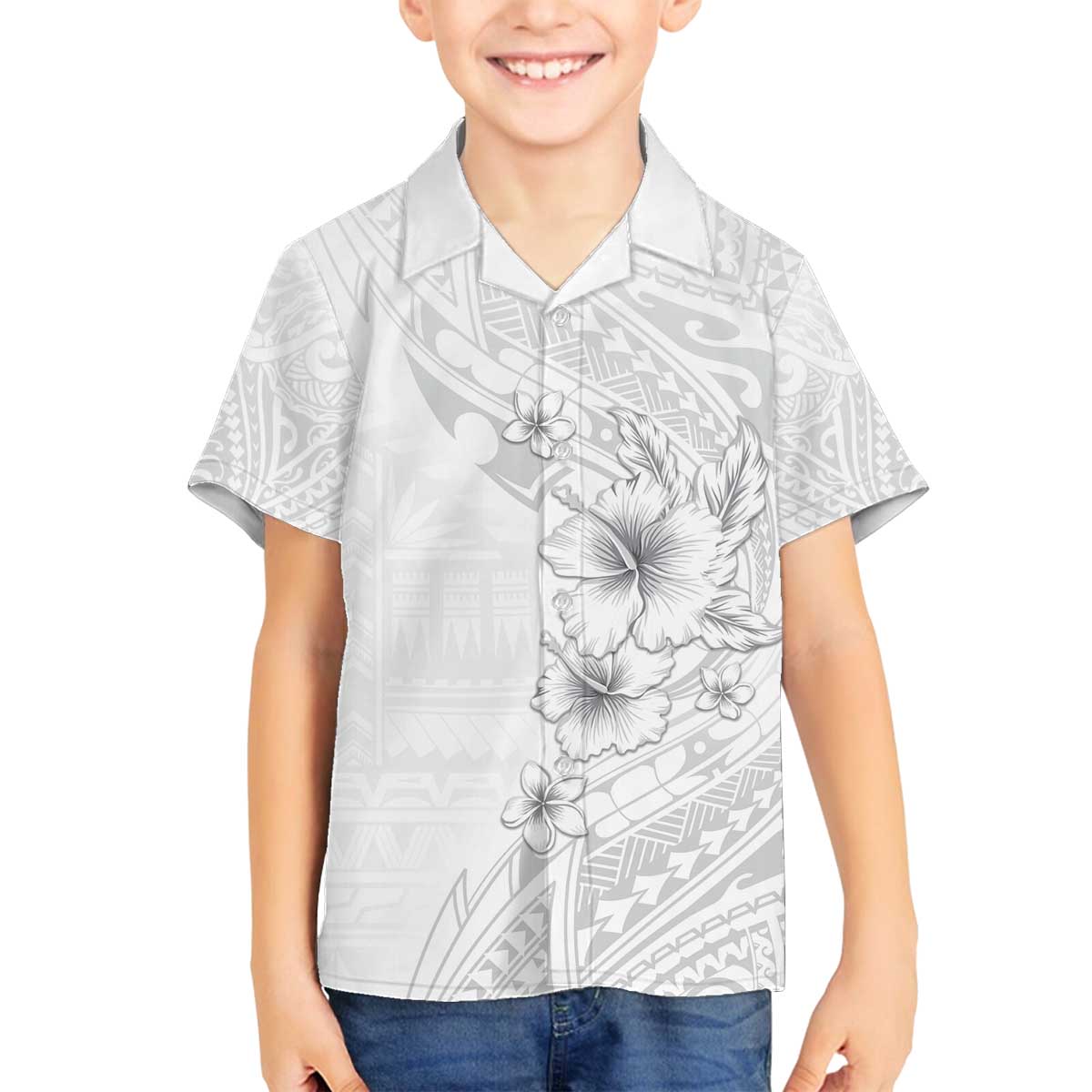 Lotu Tamaiti Samoa Family Matching Off Shoulder Short Dress and Hawaiian Shirt White Sunday Polynesian Tribal Pattern Elegant Style LT05 Son's Shirt White - Polynesian Pride