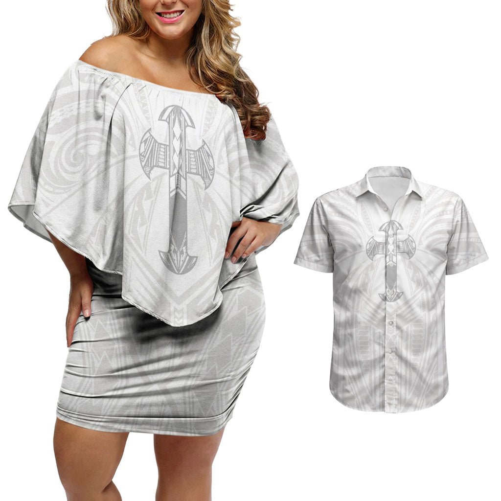 Samoa Christian Couples Matching Off Shoulder Short Dress and Hawaiian Shirt Rooted In Christ Polynesian Cross