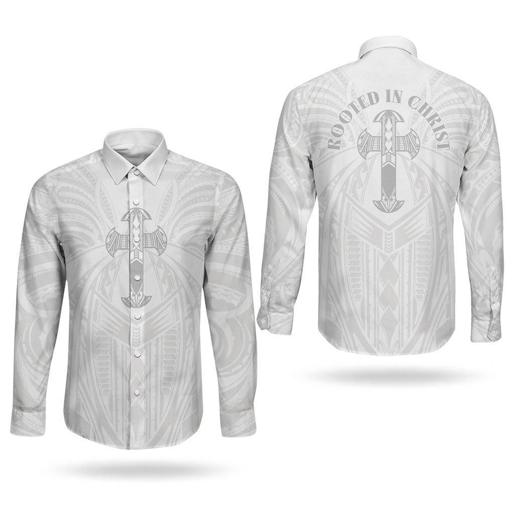 Samoa Christian Couples Matching Off Shoulder Short Dress and Long Sleeve Button Shirt Rooted In Christ Polynesian Cross