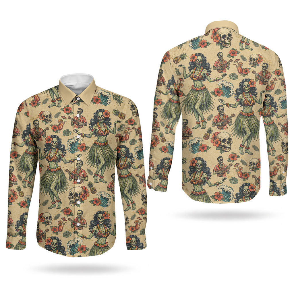 Hawaii Halloween Couples Matching Off Shoulder Maxi Dress and Long Sleeve Button Shirt Spooky Tropical Hula Zombie