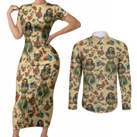 Hawaii Halloween Couples Matching Short Sleeve Bodycon Dress and Long Sleeve Button Shirt Spooky Tropical Hula Zombie