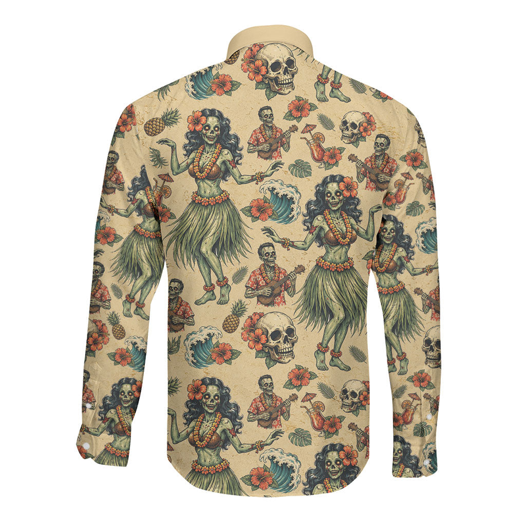 Hawaii Halloween Long Sleeve Button Shirt Spooky Tropical Hula Zombie