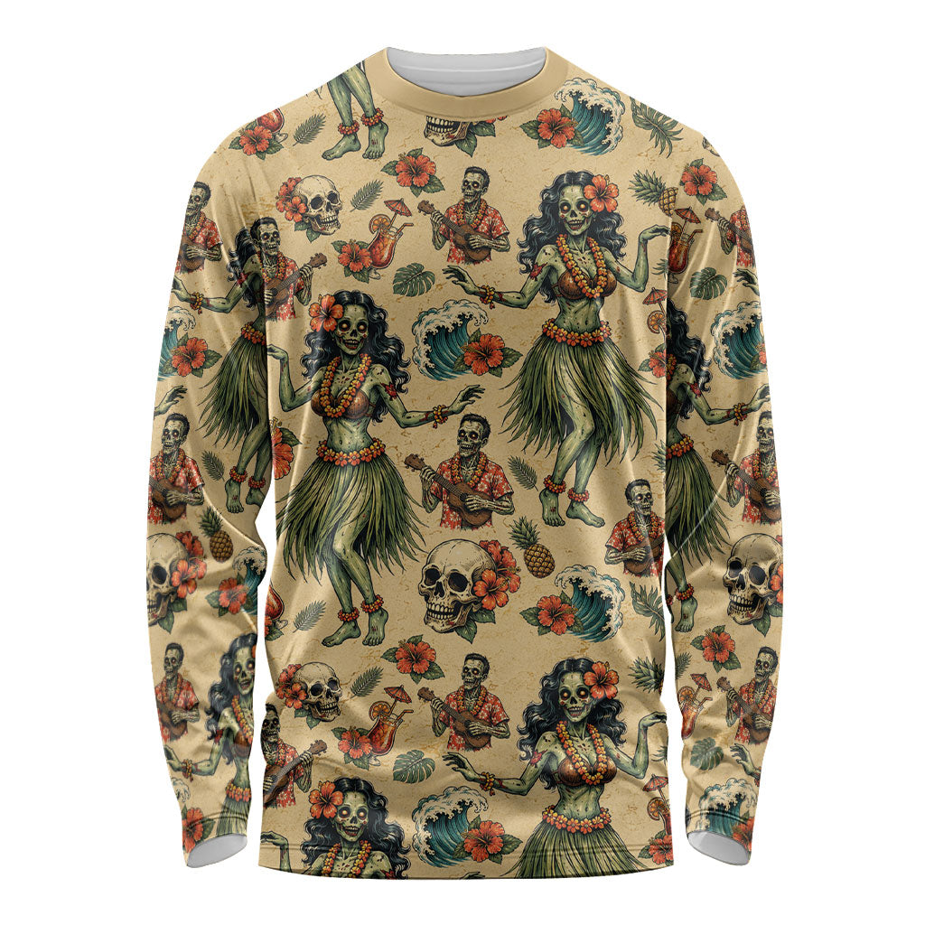 Hawaii Halloween Long Sleeve Shirt Spooky Tropical Hula Zombie LT05 Unisex Beige - Polynesian Pride