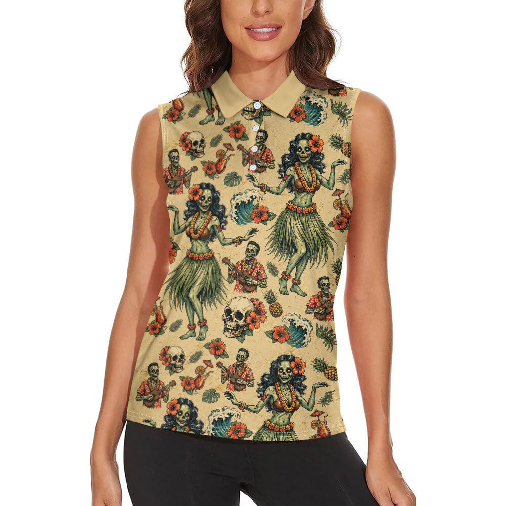 Hawaii Halloween Women Sleeveless Polo Shirt Spooky Tropical Hula Zombie