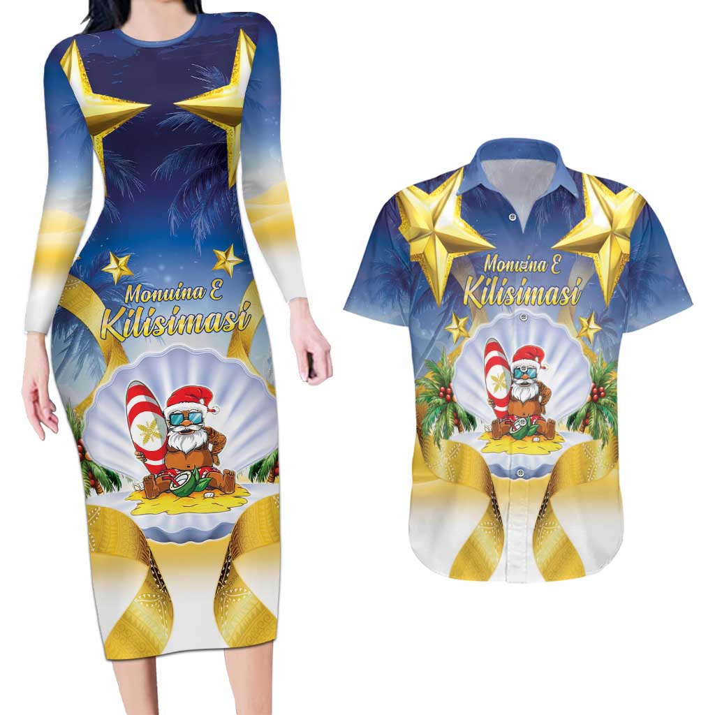 Niue Christmas Couples Matching Long Sleeve Bodycon Dress and Hawaiian Shirt Seashell Santa Beach Vibes LT05 Navy - Polynesian Pride